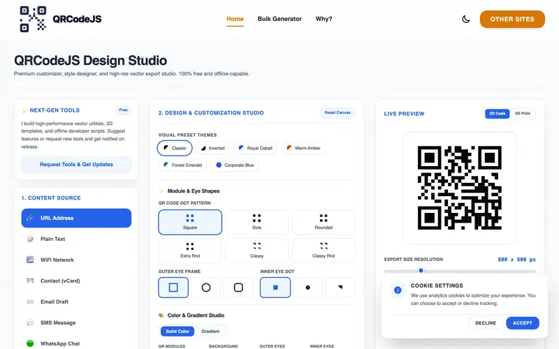 Lightweight client-side QR Code generator layout