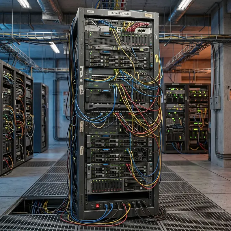 Server rack configured cleanly with blue Ethernet lines
